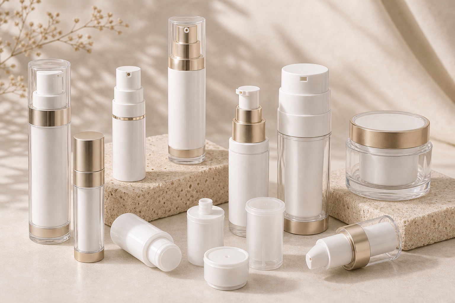Airless pump packaging collection with refillable airless bottles, slim serum bottles, refill cartridges and airless jars