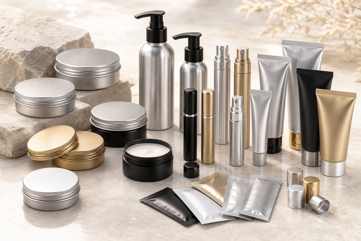 Complete aluminum cosmetic packaging category with bottles, tins, jars, tubes, atomizers and sachet bags
