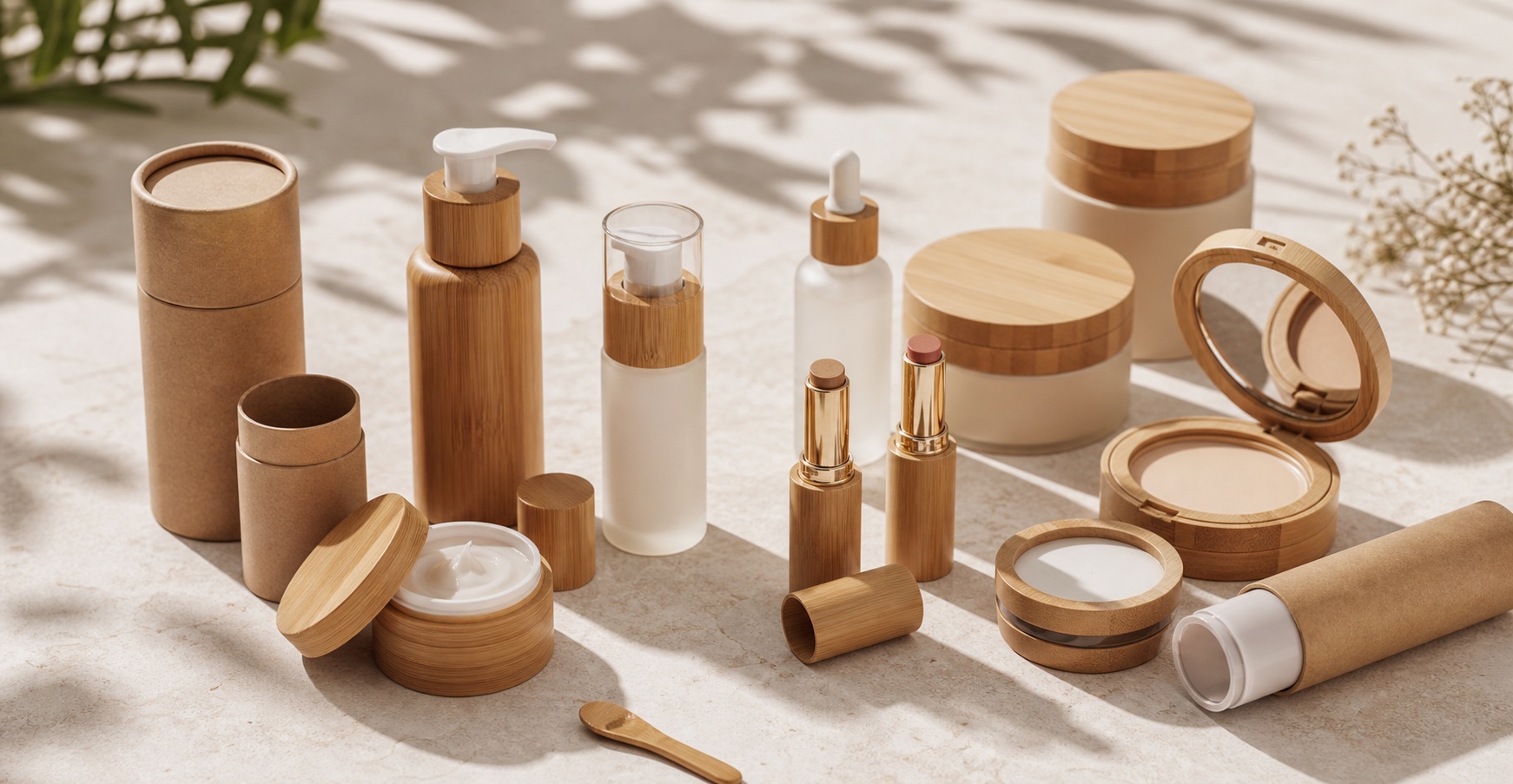 Bamboo and wood cosmetic packaging category with bamboo jars, bottles, tubes, compacts and caps
