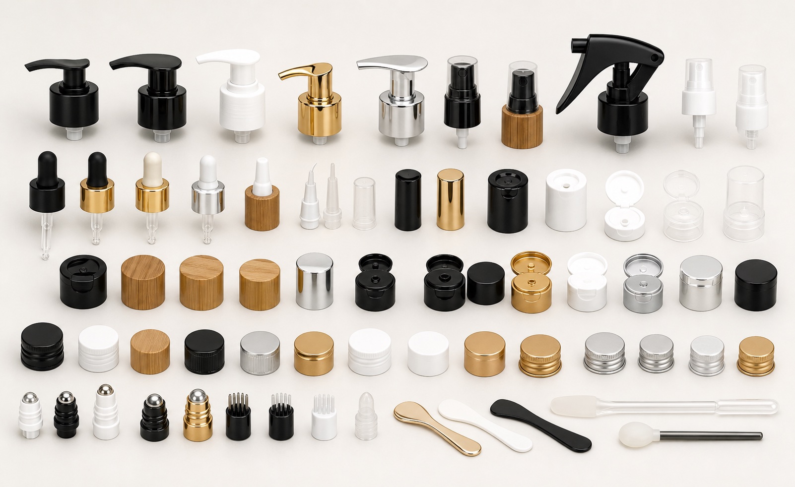Cosmetic packaging closures and components with pumps, sprayers, droppers, bamboo caps, aluminum collars, flip caps and applicators