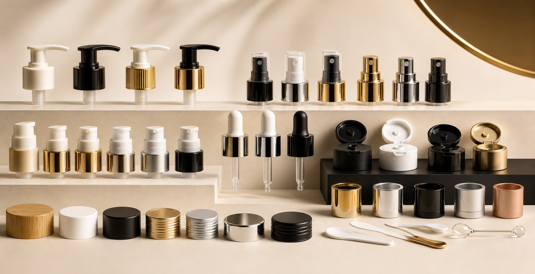 Cosmetic pumps, sprayers, droppers, caps and closure components