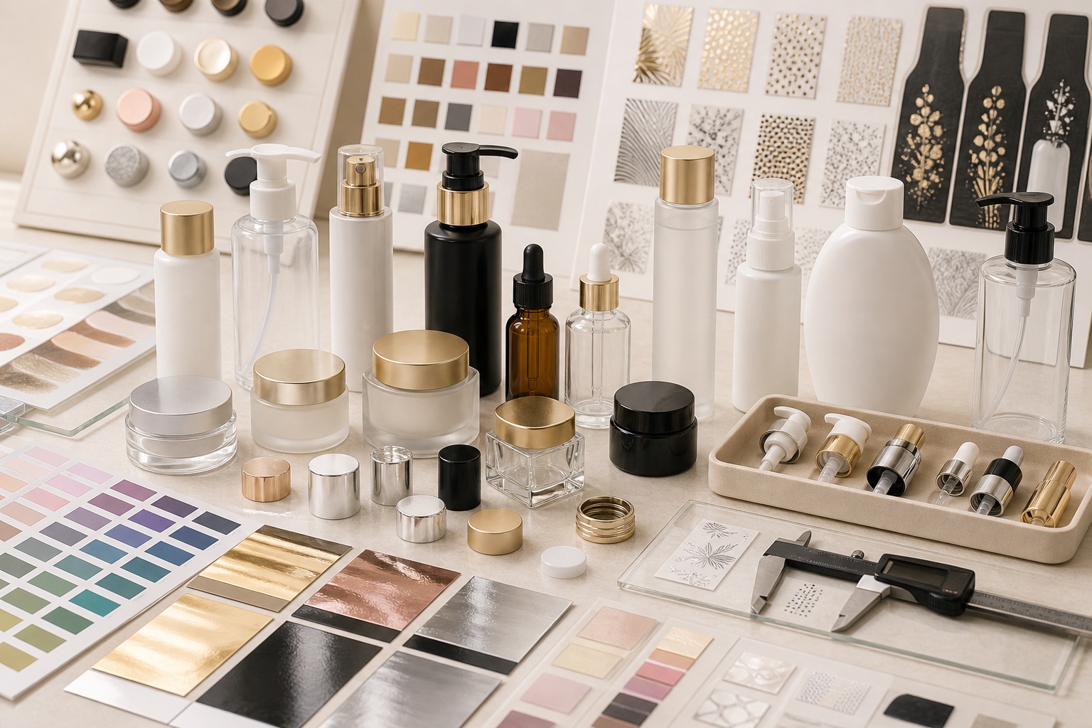 OEM cosmetic packaging decoration samples with blank bottles, jars, pumps, caps, color swatches, finish samples and inspection tools