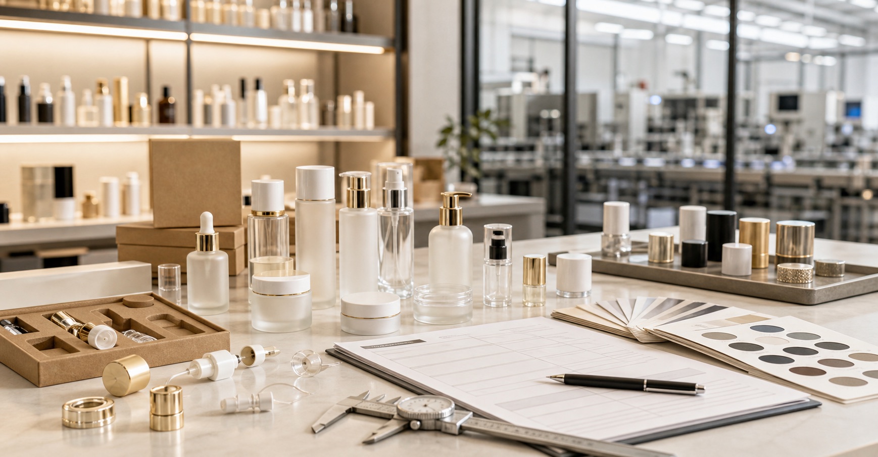 OEM ODM cosmetic packaging service category with samples, caps, pumps and color swatches