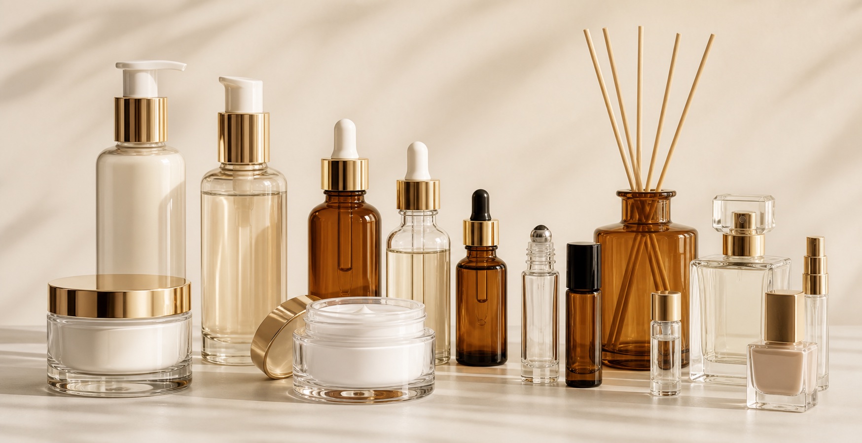 Complete glass cosmetic packaging category with jars, bottles, droppers, roll ons, vials, diffuser and perfume bottles