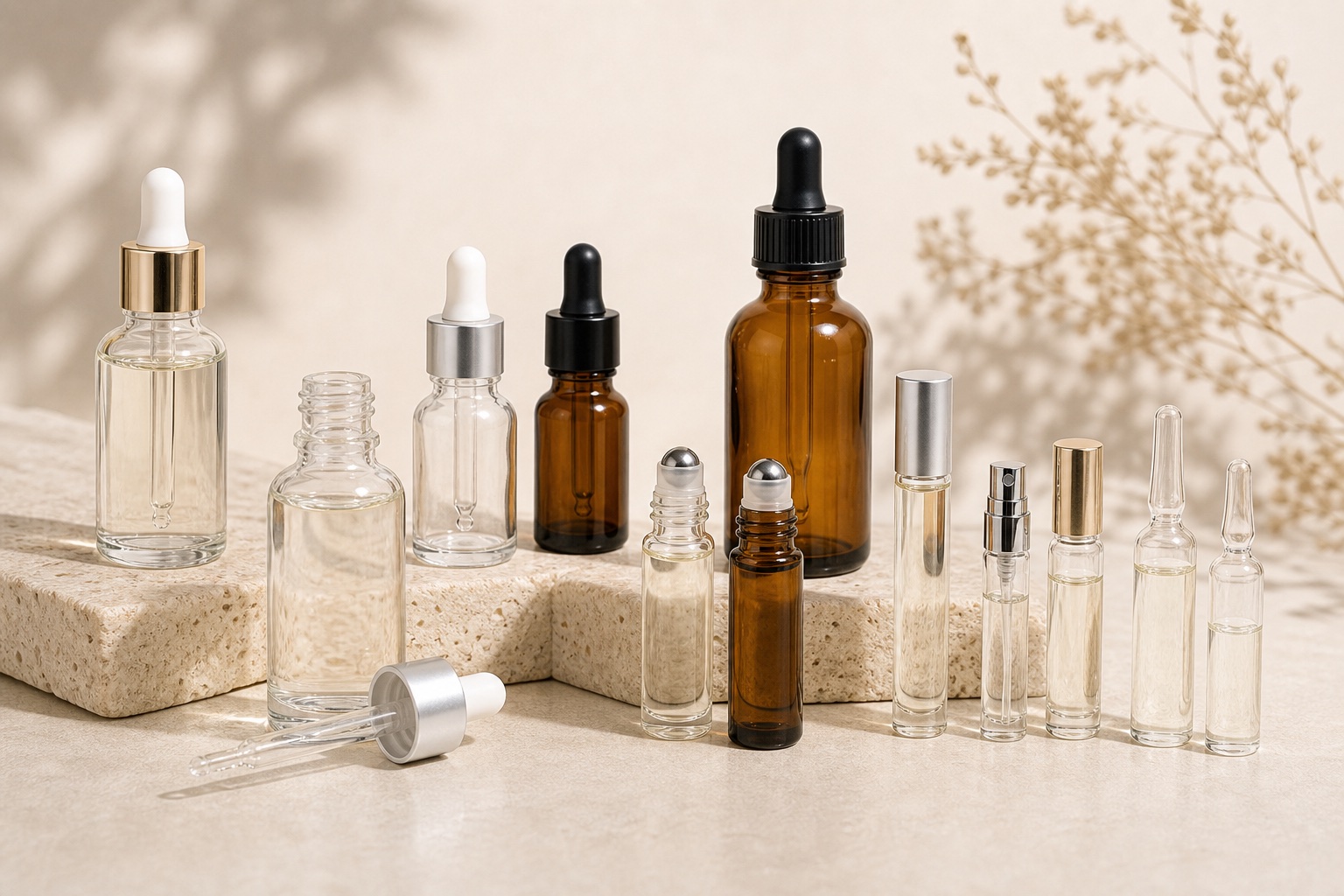 Serum and essential oil bottle packaging collection with glass droppers, roll ons, vials and treatment bottles