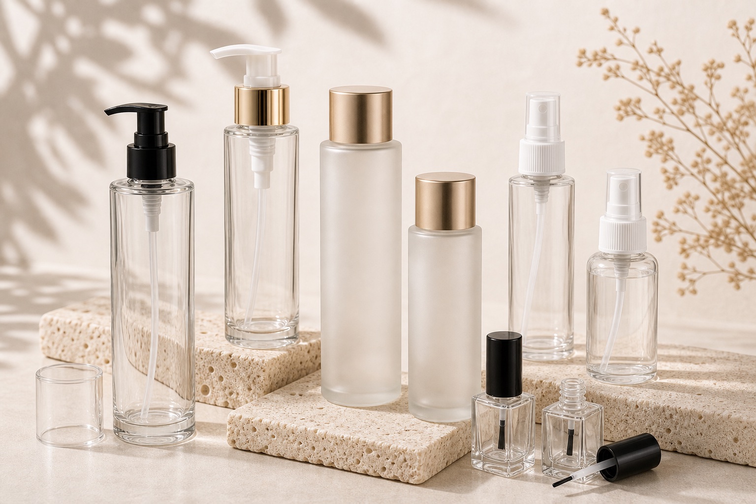Skincare packaging application with glass lotion bottles, toner bottles, spray bottles and nail polish bottles