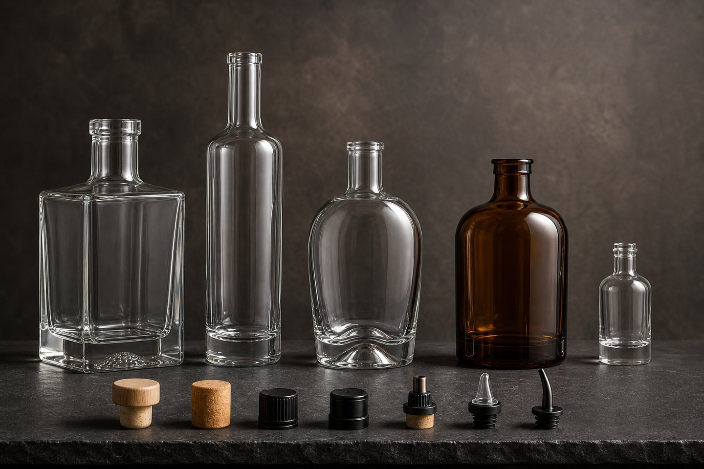 Original unbranded rounded, fluted and custom color glass gin bottle collection