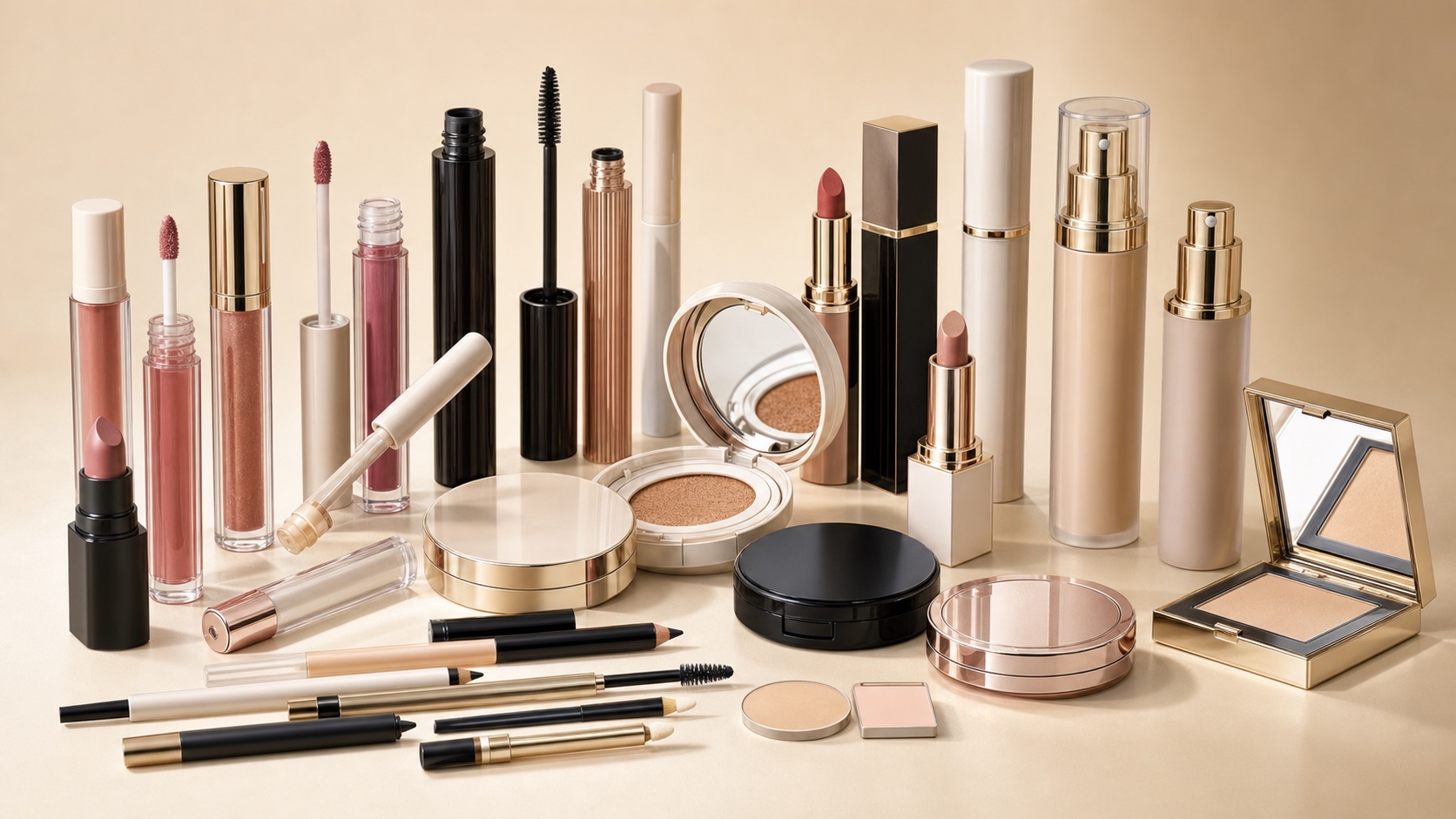 Makeup packaging collection for lip gloss tubes, mascara tubes, lipstick tubes and compact cases