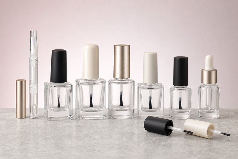 Square and round glass nail polish bottles with brush cap systems