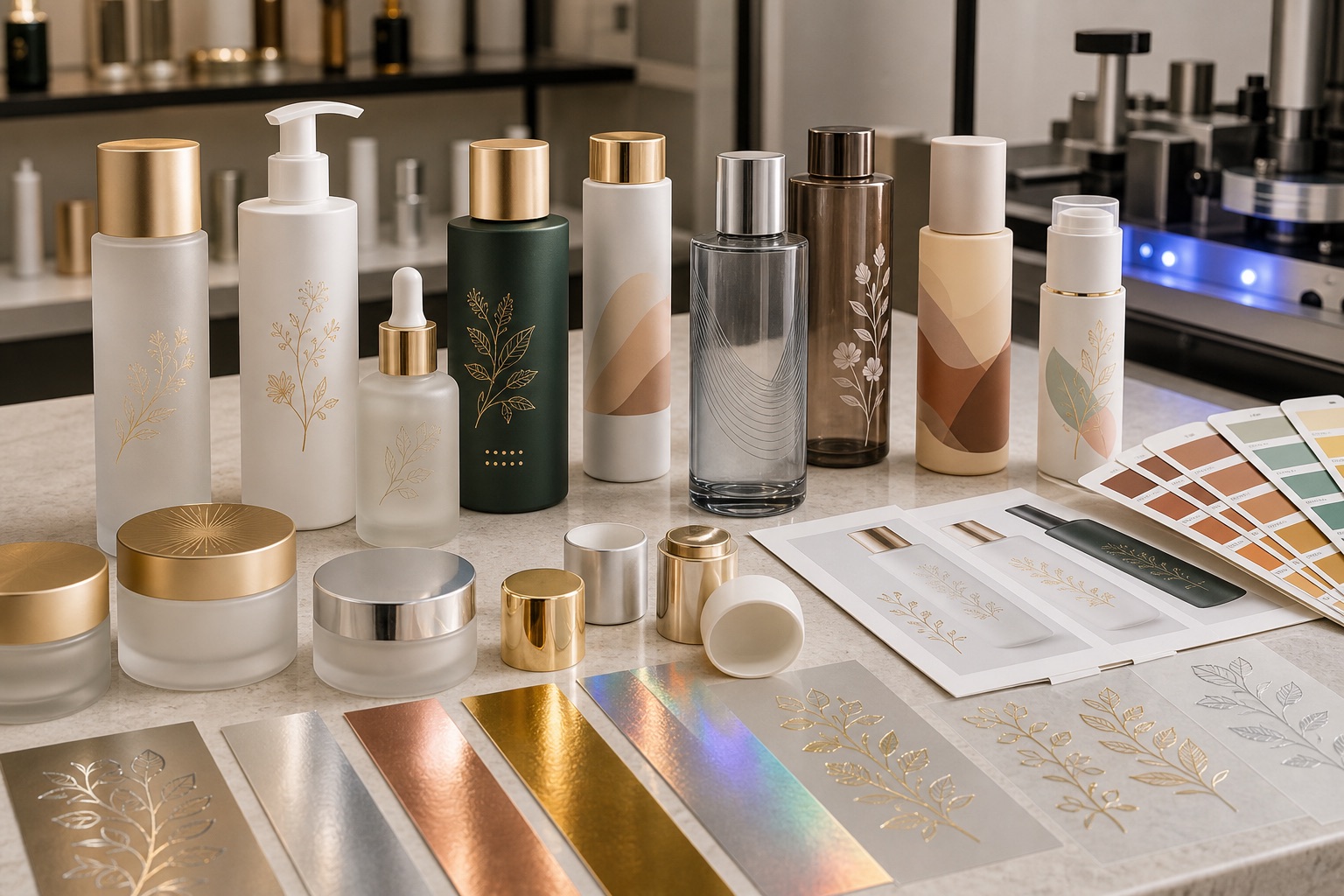 Cosmetic packaging surface treatment with printing, hot stamping, coating and frosting samples