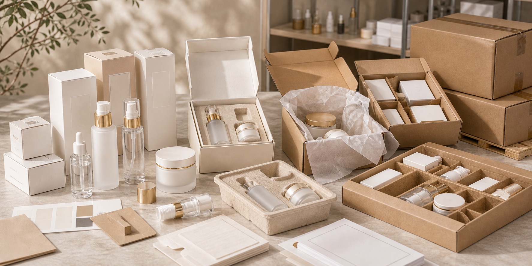 Custom cosmetic packaging boxes, paper inserts, sample trays and export cartons