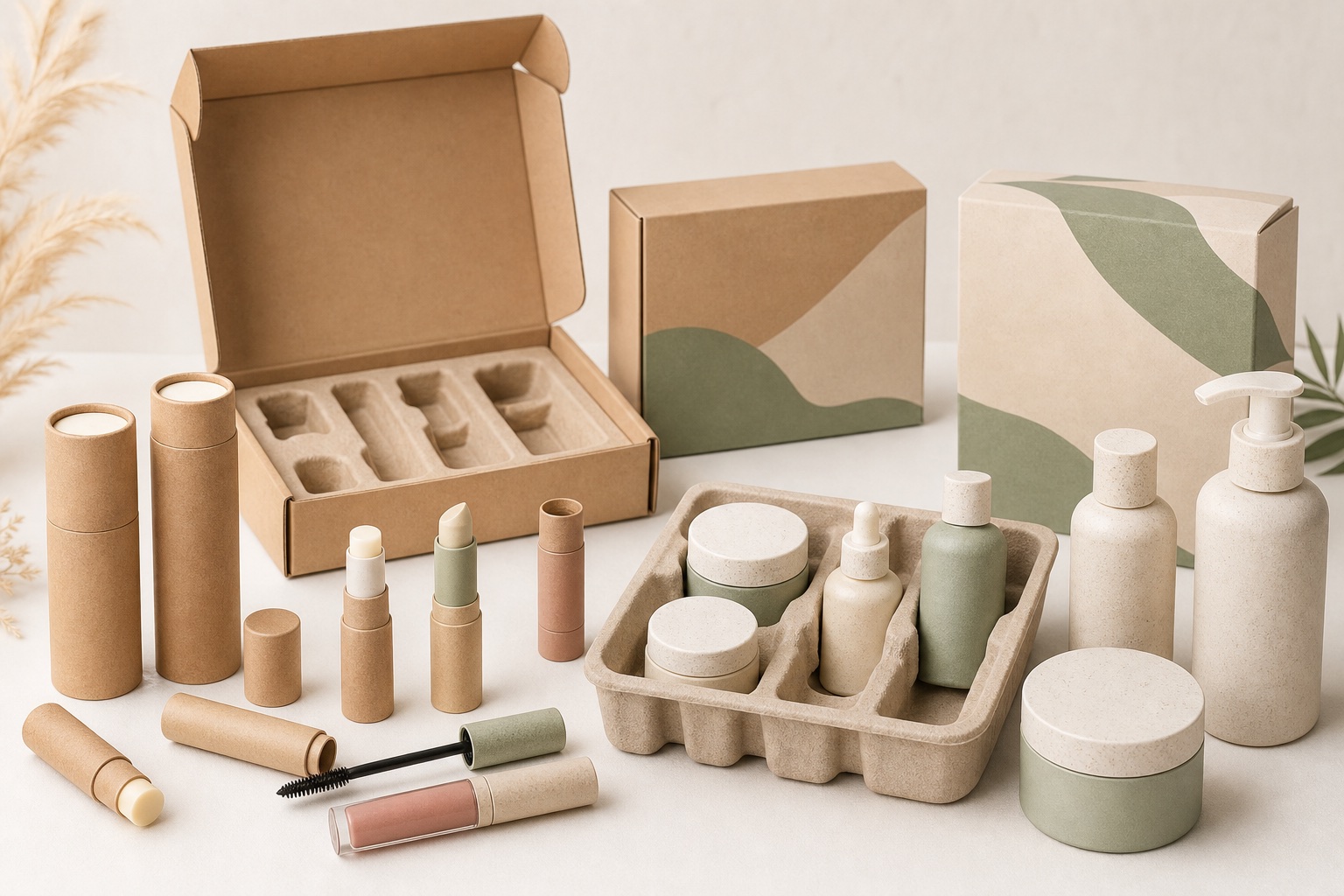 Eco friendly cosmetic packaging category with paper tubes, molded pulp inserts, wheat straw packaging, PLA jars and gift boxes