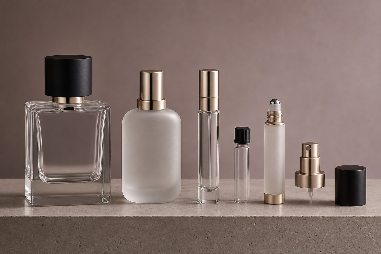 Perfume glass bottles in several shapes prepared for a small-brand sourcing comparison