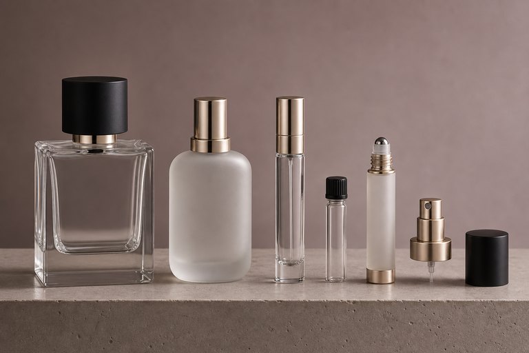 Custom perfume glass bottles with atomizers, collars and caps