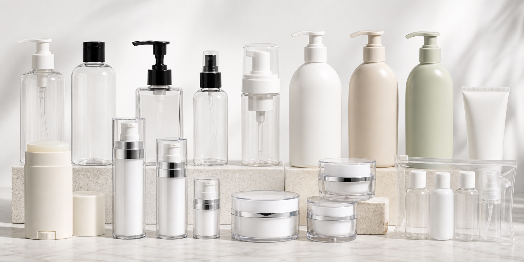 Complete plastic cosmetic packaging category with PET bottles, HDPE bottles, airless pumps, jars, foam bottles and travel sets
