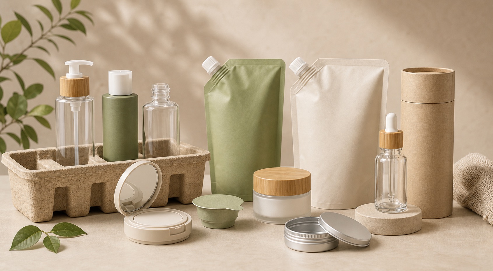 Eco friendly cosmetic packaging options with refill pouches, paper tubes and PCR bottles