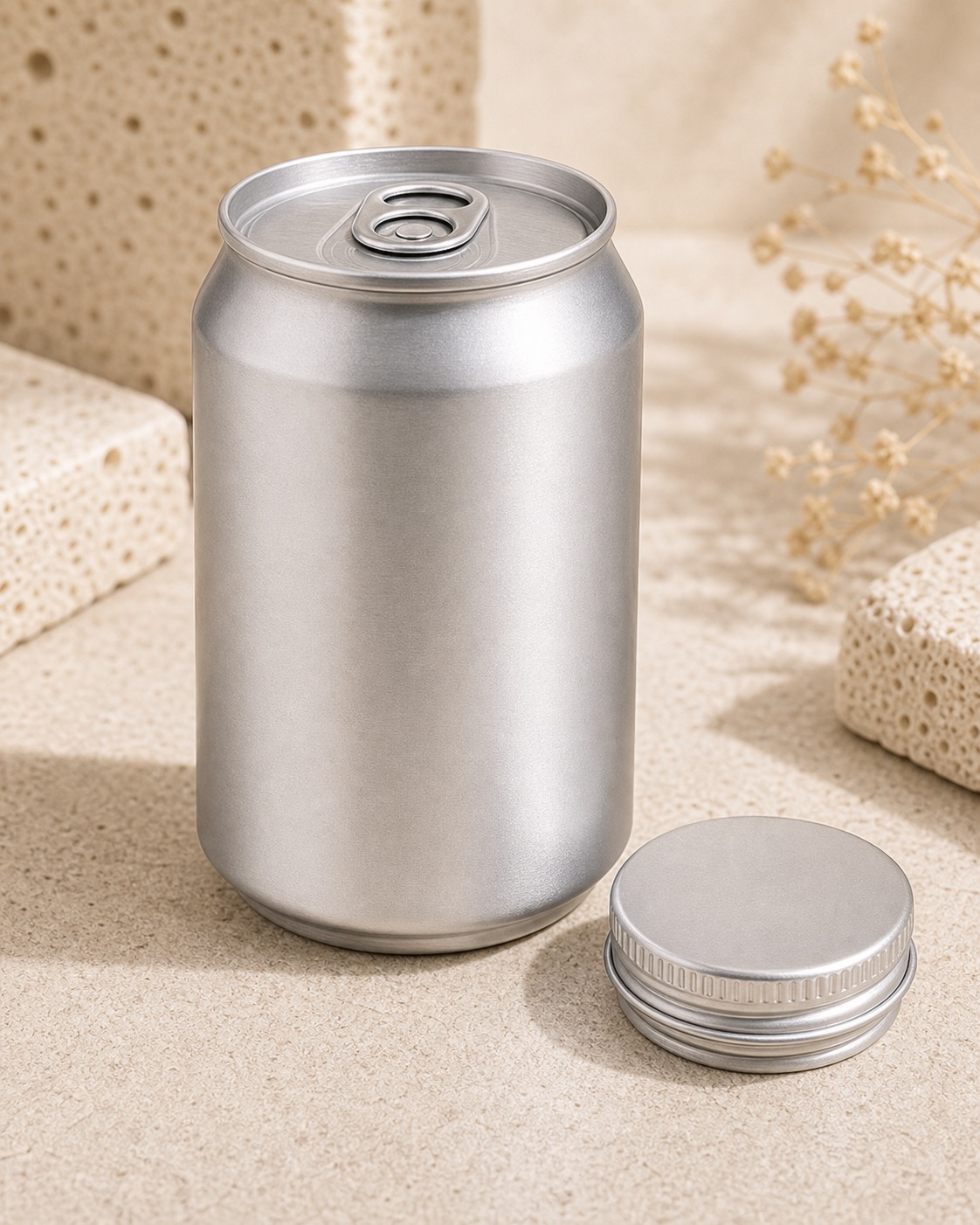 Beer can style aluminum bath powder container
