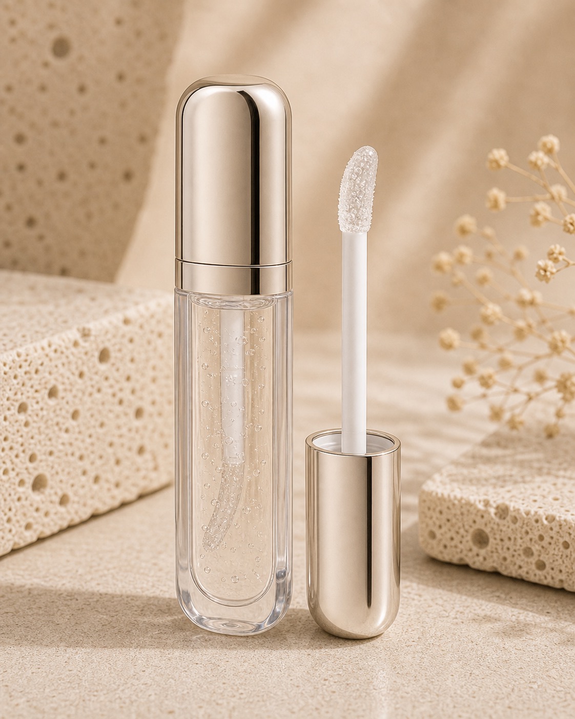 Oval lip gloss tube with metal cap and doe foot applicator
