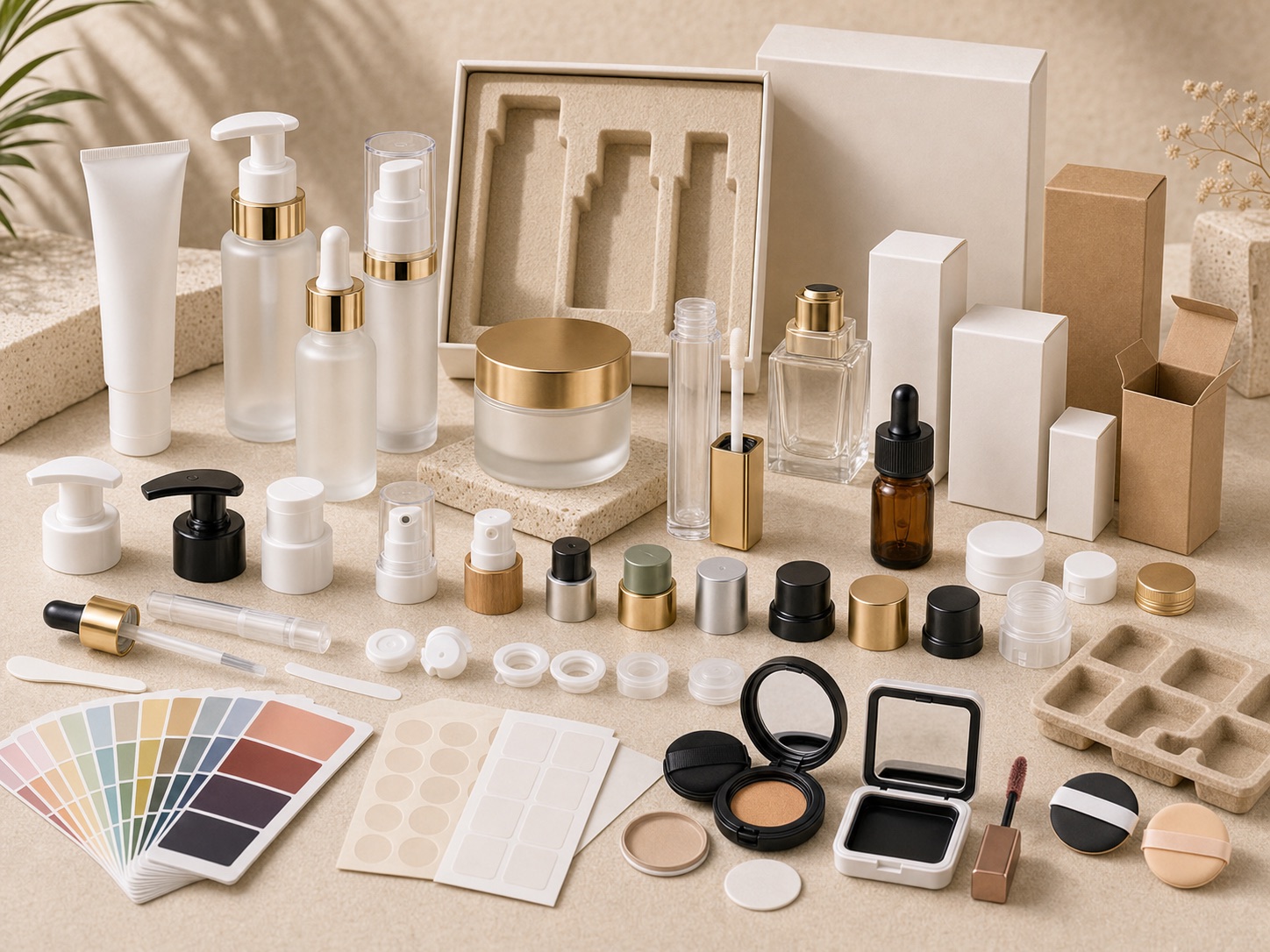 Turnkey private label cosmetic packaging launch kit with bottles, pumps, caps, boxes and inserts