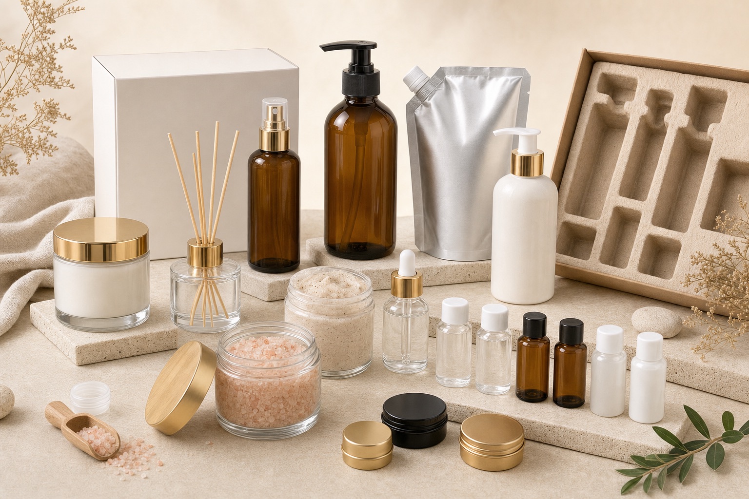 Complete spa and home fragrance packaging kit with candle jar, diffuser bottle, room spray, bath care jars, pump bottles and gift box