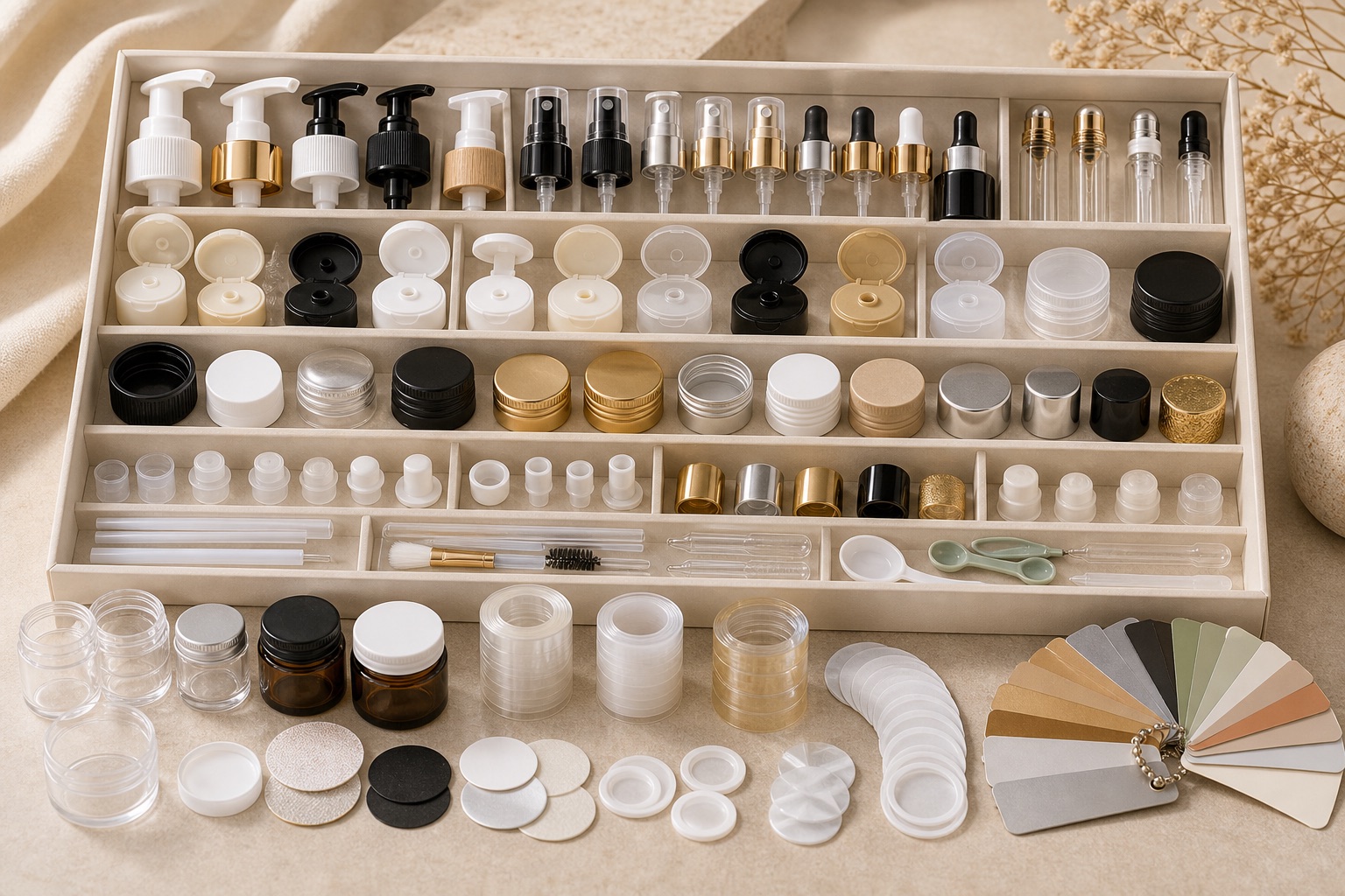 Cosmetic packaging accessory starter kit with pumps, caps, droppers, liners, reducers, shrink bands and spatulas