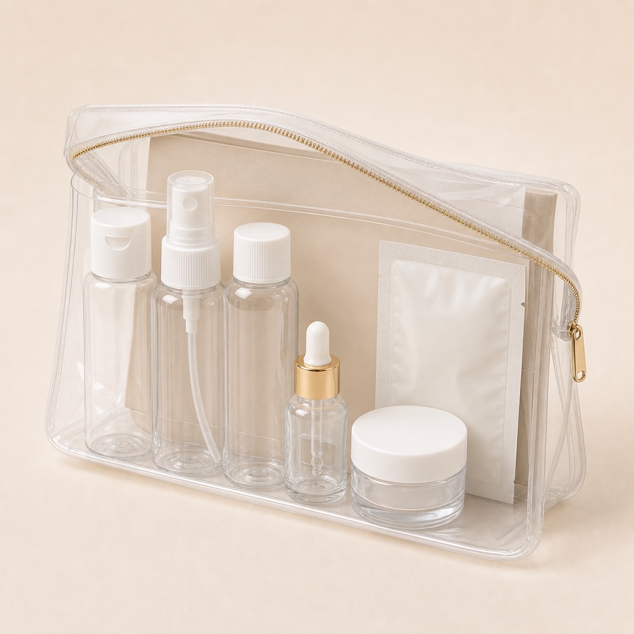 Clear travel toiletry pouch packaging kit