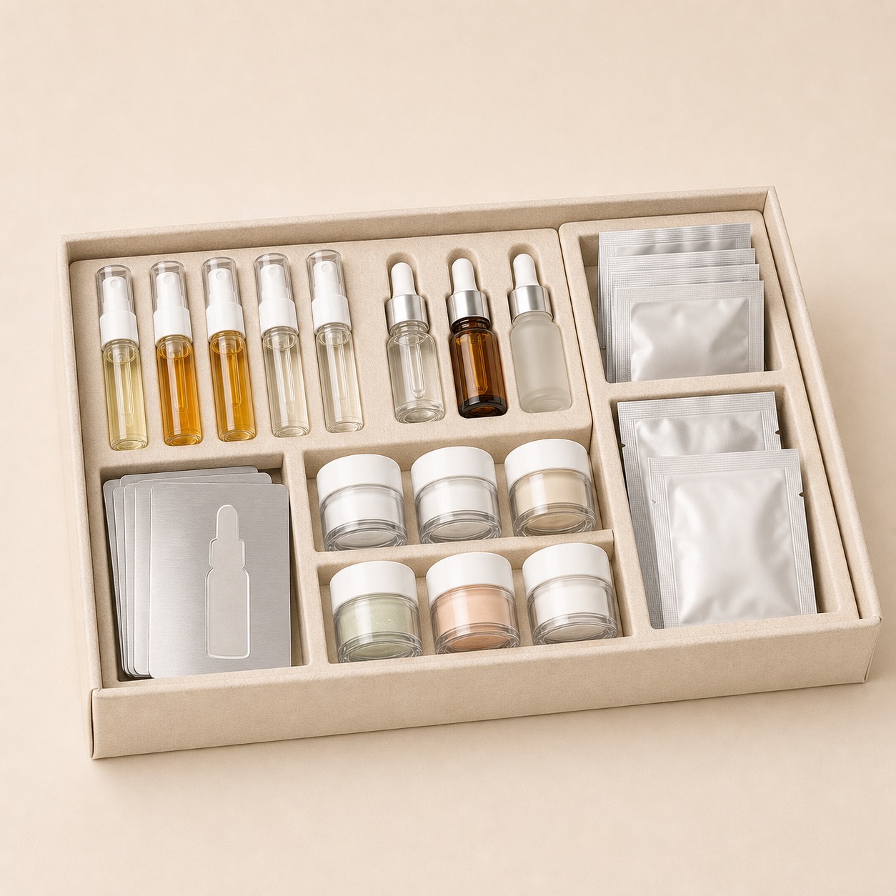 Cosmetic sample discovery kit with vials and sachets