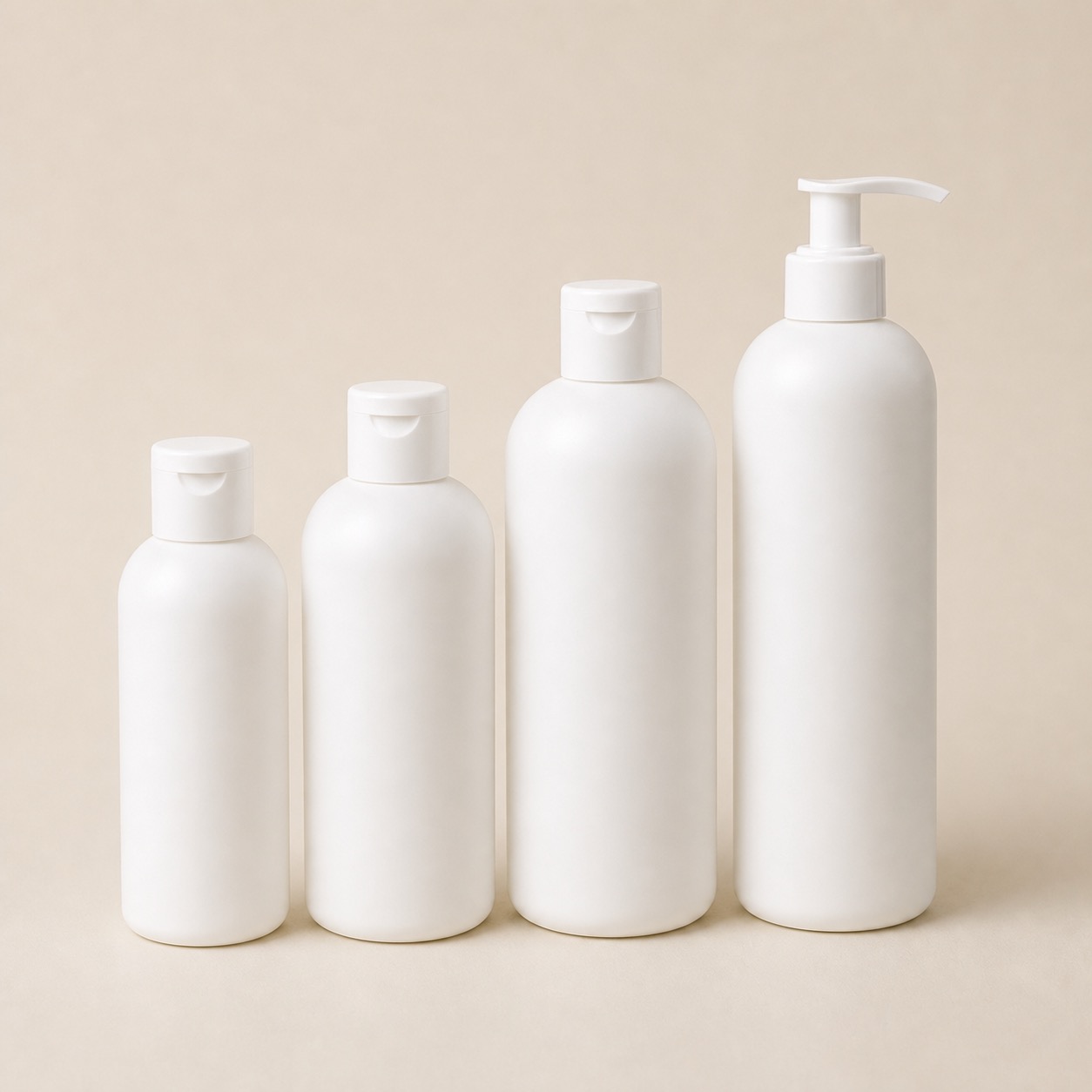 PCR HDPE shampoo bottle family with pump and disc cap options for hair care packaging