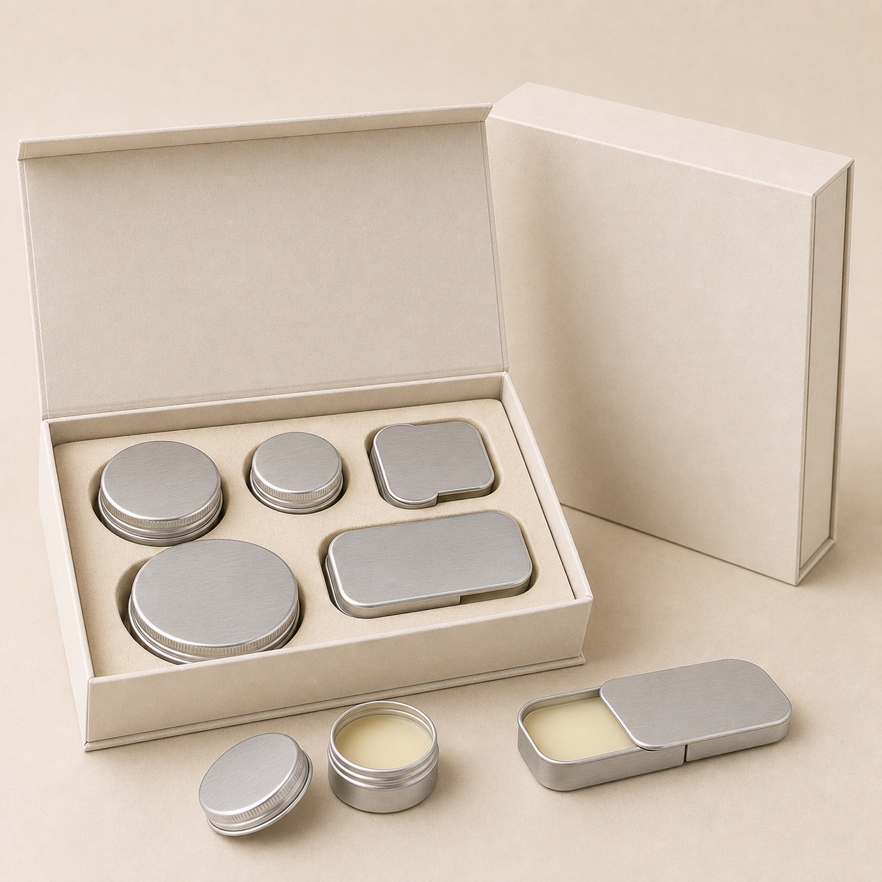 Solid perfume aluminum tin gift set with retail box and molded insert