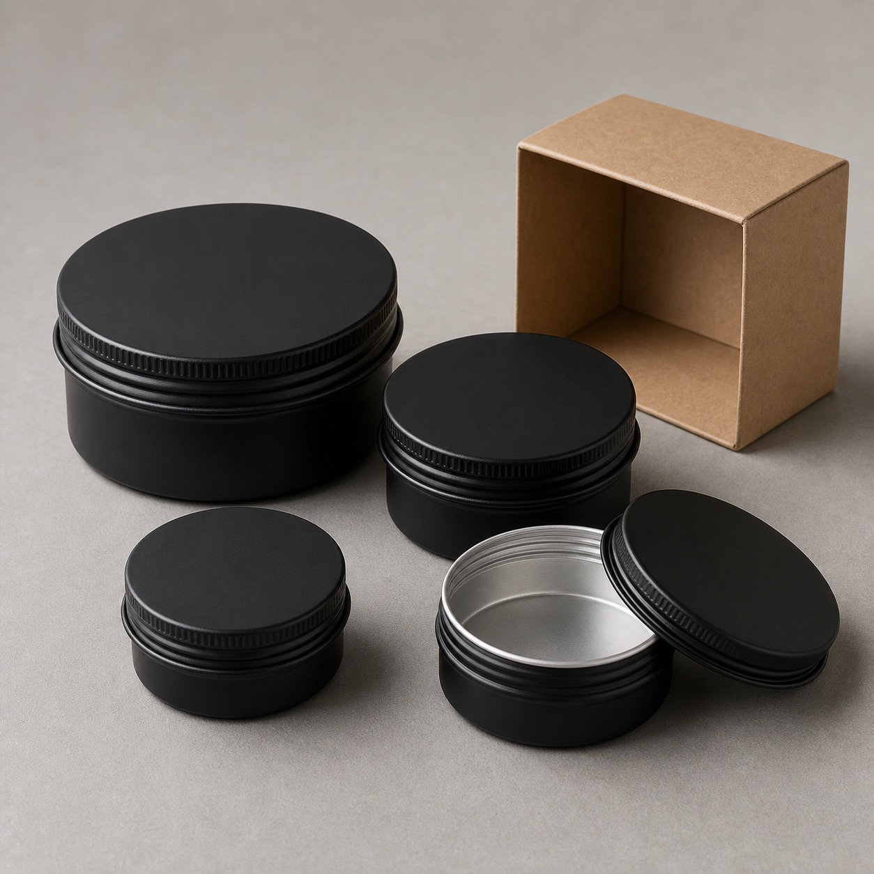 Matte black beard balm aluminum tins