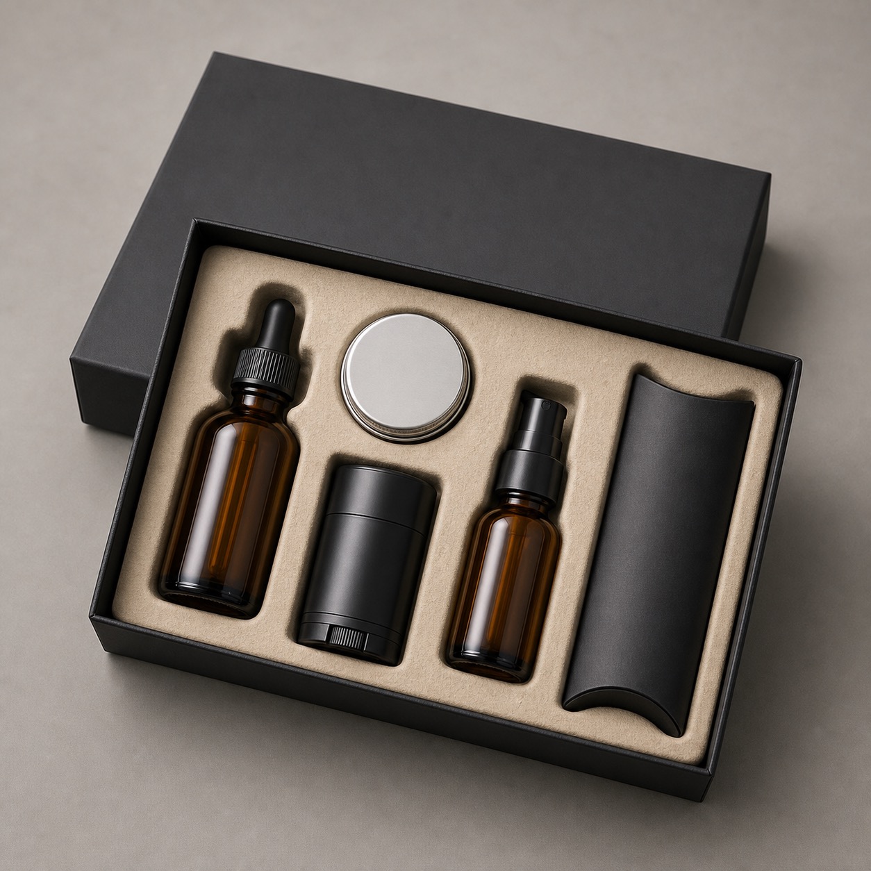 Men's grooming packaging gift box with molded pulp insert and mixed packaging components
