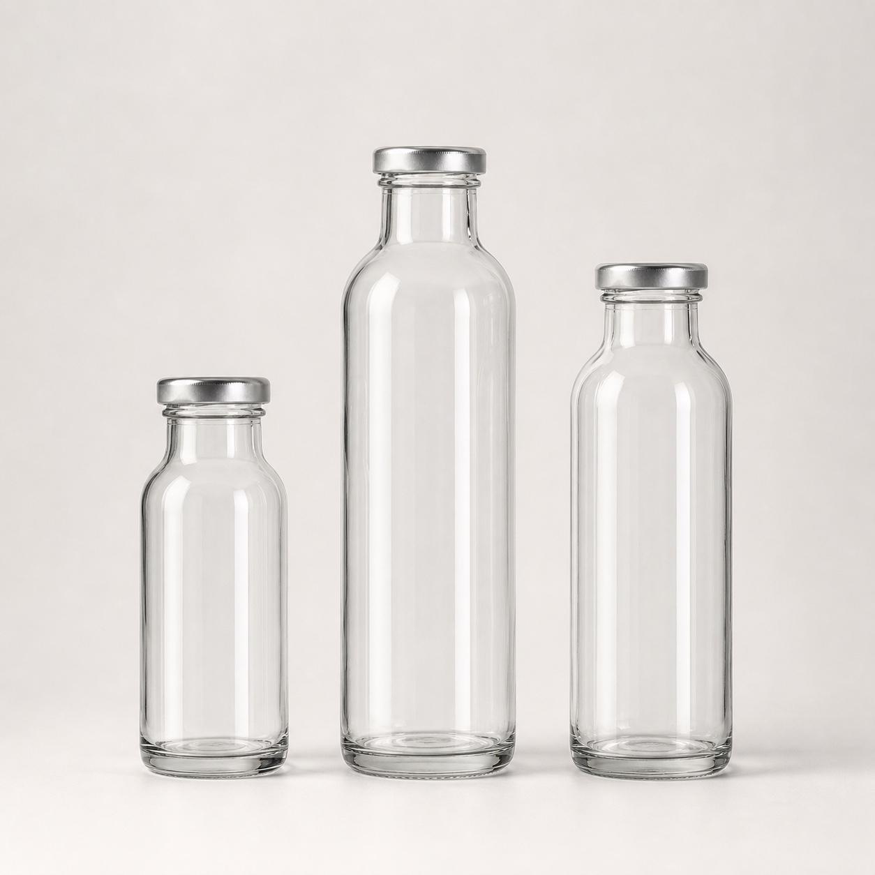 Unbranded clear glass juice and dairy bottles