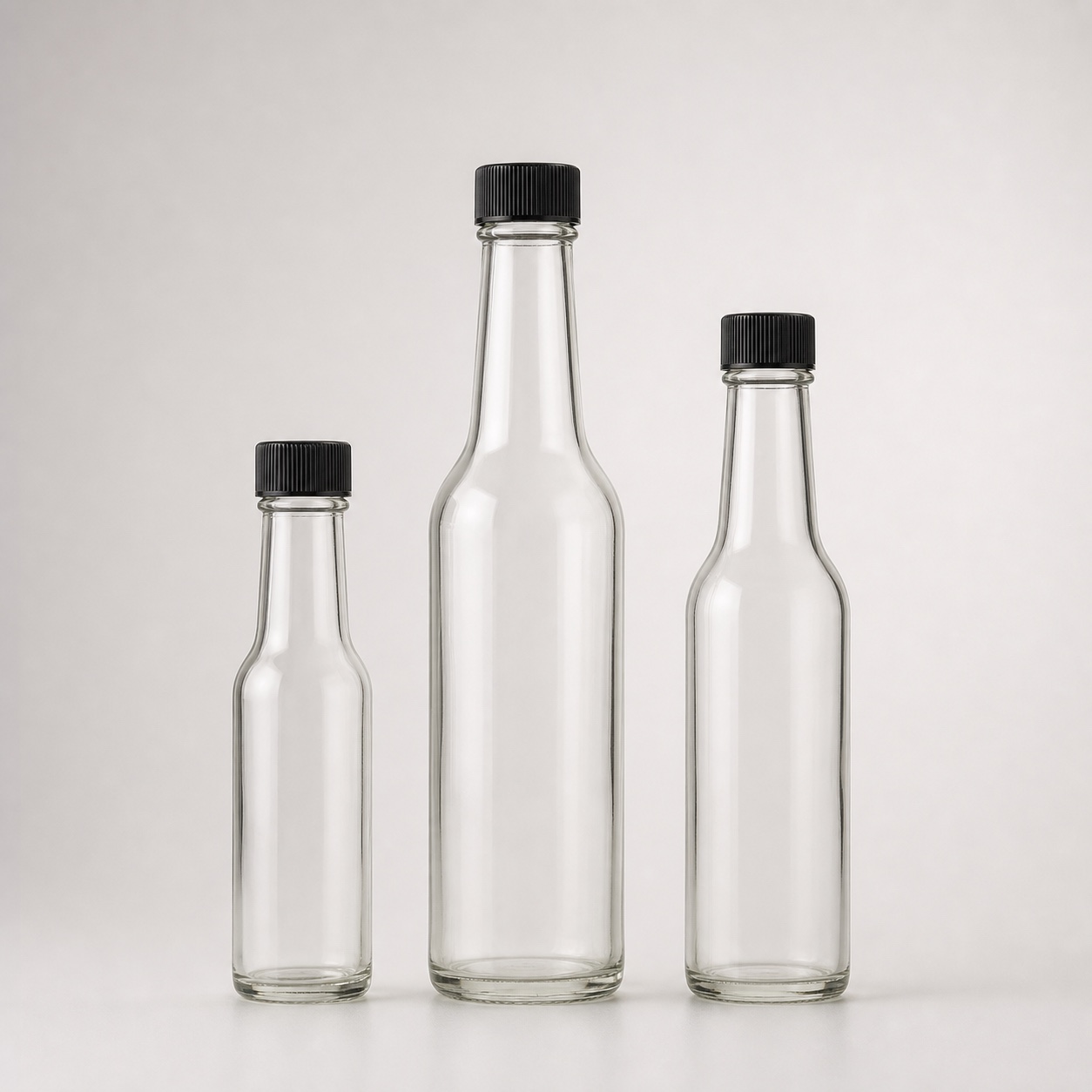 Unbranded Woozy-style glass hot sauce bottles