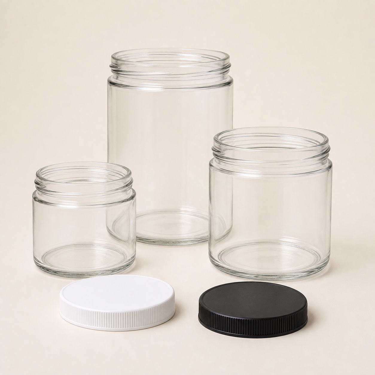 Unbranded straight-sided wide-mouth glass food jars