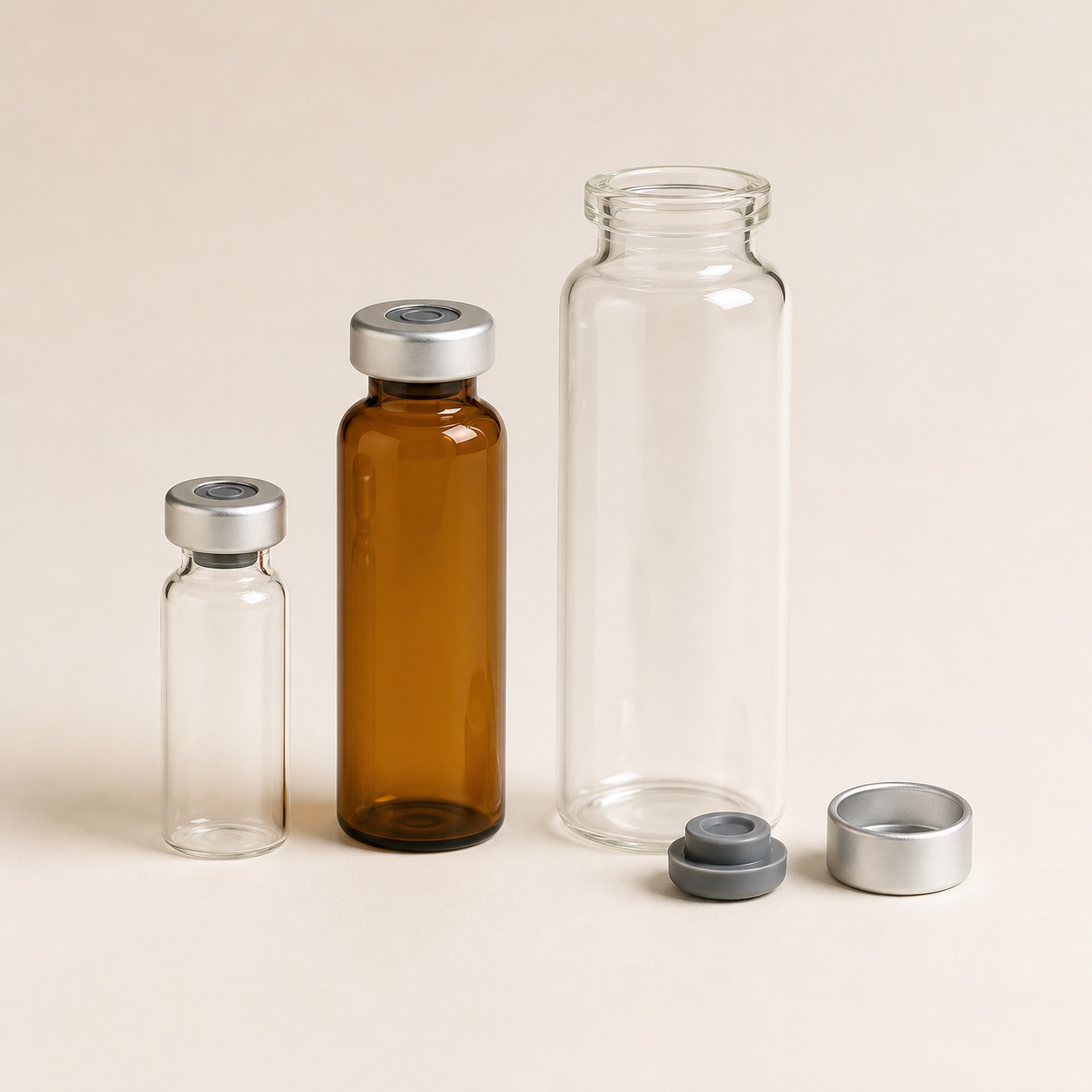 Unbranded clear and amber glass crimp vial family